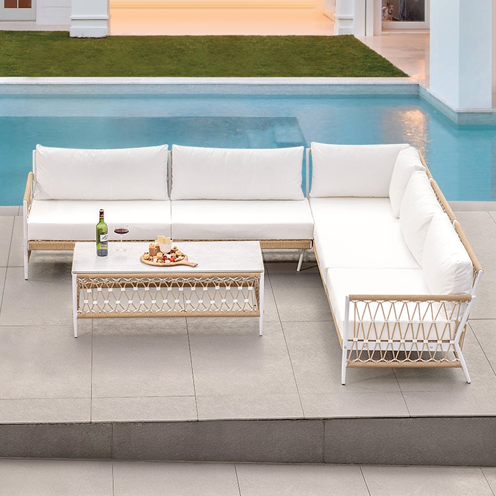 Ropipe 4 Pieces L Shape Woven Rope Outdoor Sectional Sofa Set in Khaki & White For 5