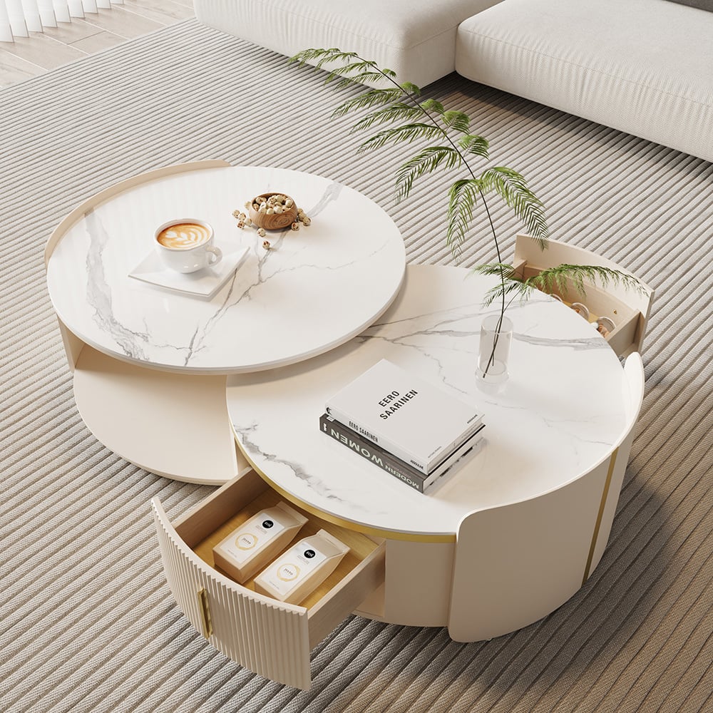 Round Modern Sintered Stone Top Nesting Coffee Table Fluted with Drawer in Off White