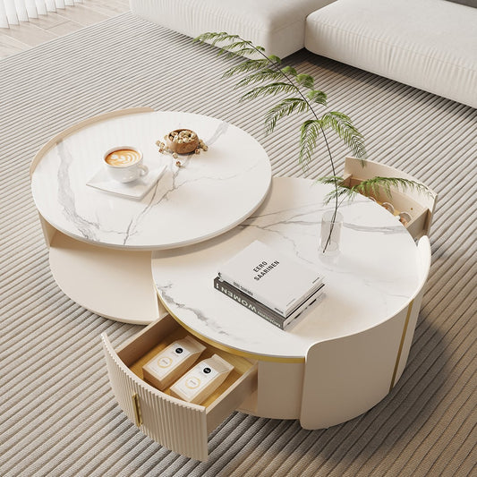 Round Modern Sintered Stone Top Nesting Coffee Table Fluted with Drawer in Off White