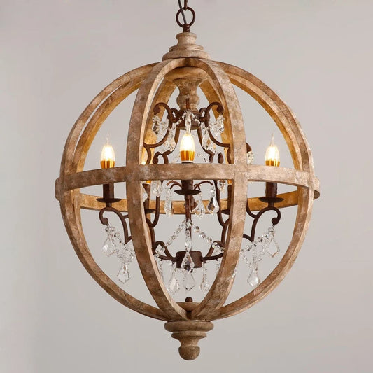 Lustre rustique à 5 lumières en forme de globe, plafonnier en bois patiné