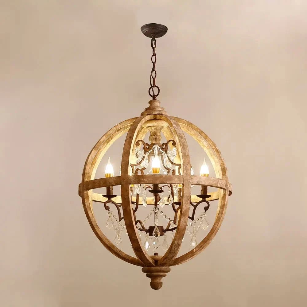 Lustre rustique à 5 lumières en forme de globe, plafonnier en bois patiné