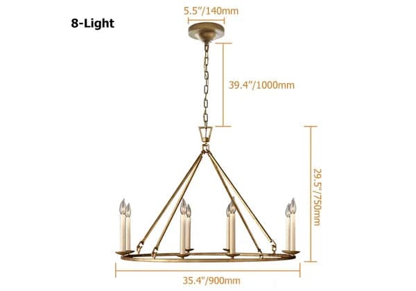 Lustre rond à bougie rustique à 8 lumières, laiton antique, salon