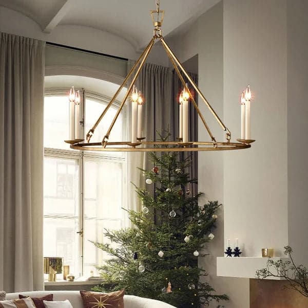 Rustic Candle 8-Light Round Chandelier Antique Brass Living Room