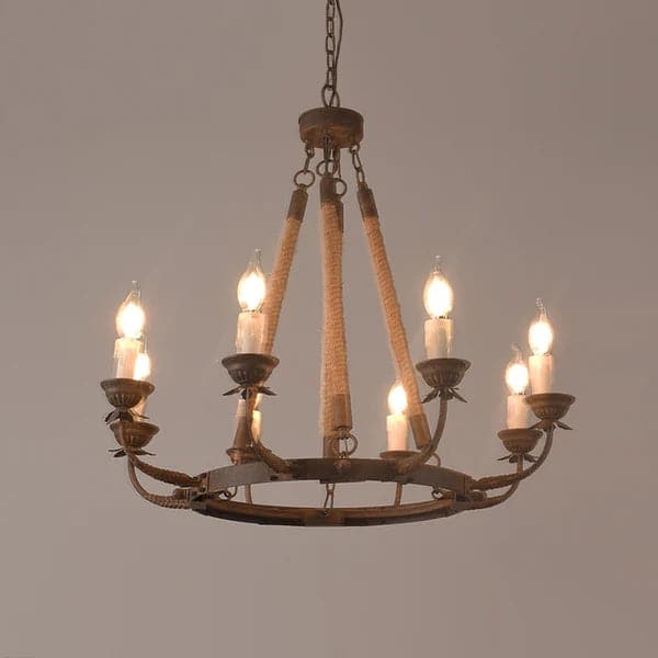 Lustre candélabre rond rustique en corde de chanvre et métal à 8 lumières, rouille