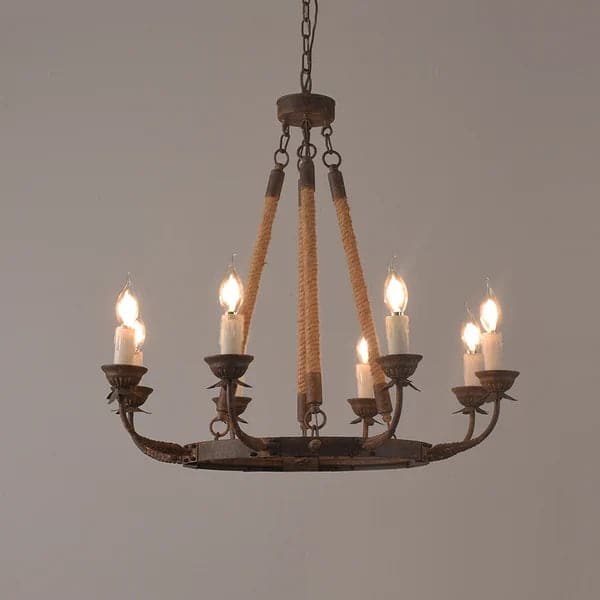 Lustre candélabre rond rustique en corde de chanvre et métal à 8 lumières, rouille