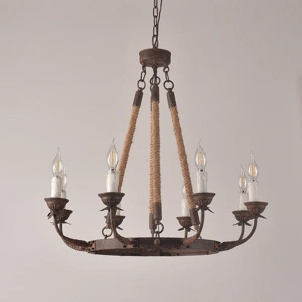 Rustic Flaxen Hemp Rope & Metal 8-Light Round Candelabra Chandelier in Rust