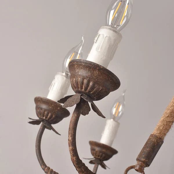 Lustre candélabre rond rustique en corde de chanvre et métal à 8 lumières, rouille