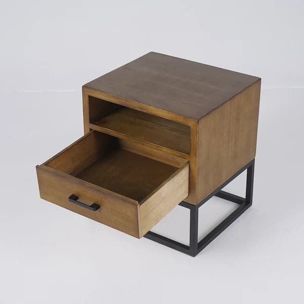 Table de chevet rustique en bois de pin et noyer avec 1 tiroir en noir