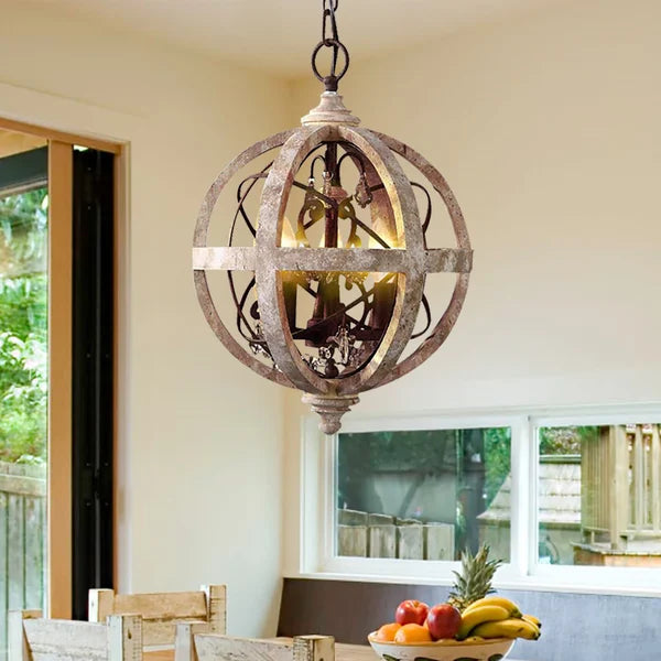 Rustic Weathered Wood Globe Chandelier Metal Crystal Ceiling Light