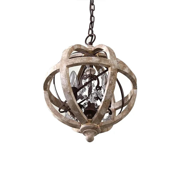 Rustic Weathered Wood Globe Chandelier Metal Crystal Ceiling Light
