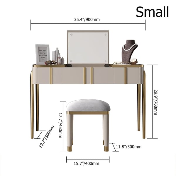 Miroir de maquillage et tabouret de maquillage champagne avec coiffeuse rabattable à 2 tiroirs