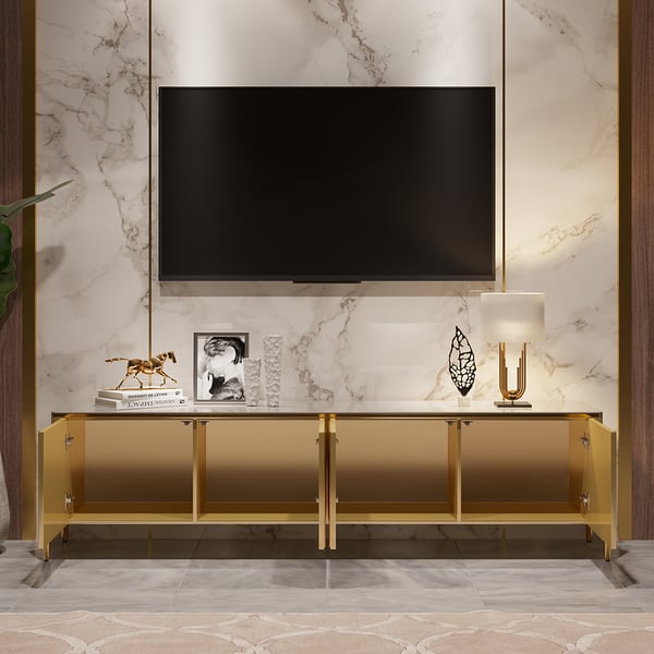 Black/Champagne TV Stand Modern Rectangular 4 Doors Media Console for TVs Up To 85 #Champagne