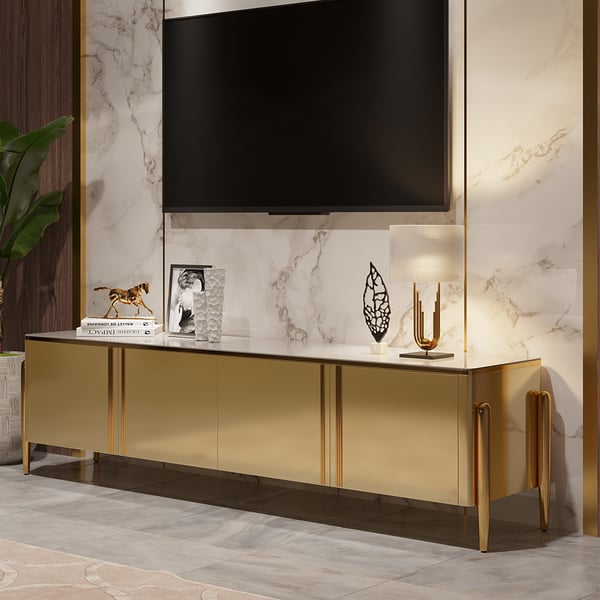 Black/Champagne TV Stand Modern Rectangular 4 Doors Media Console for TVs Up To 85 #Champagne