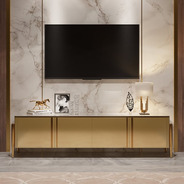 Black/Champagne TV Stand Modern Rectangular 4 Doors Media Console for TVs Up To 85 #Champagne