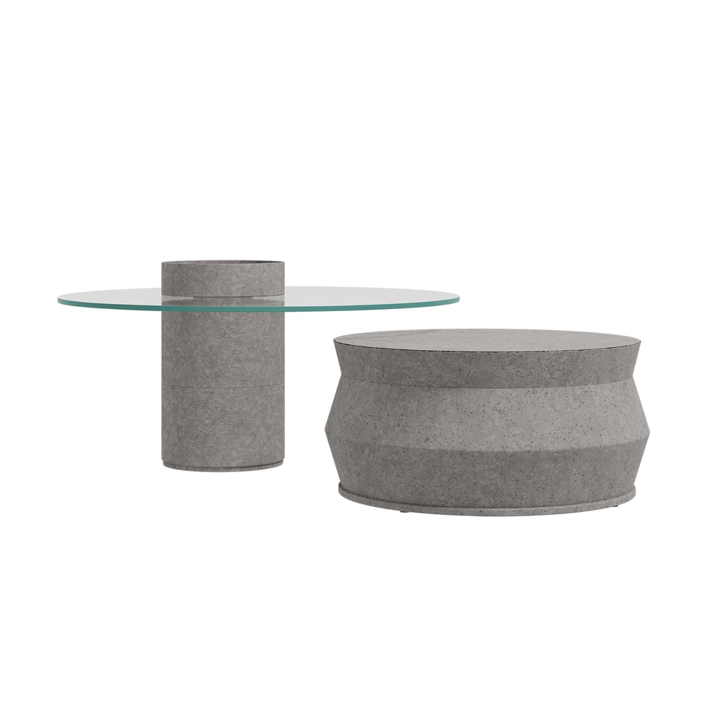 Set of 2 Round Nesting Coffee Table Set Glass Modern Concrete Gray Drum Coffee Table