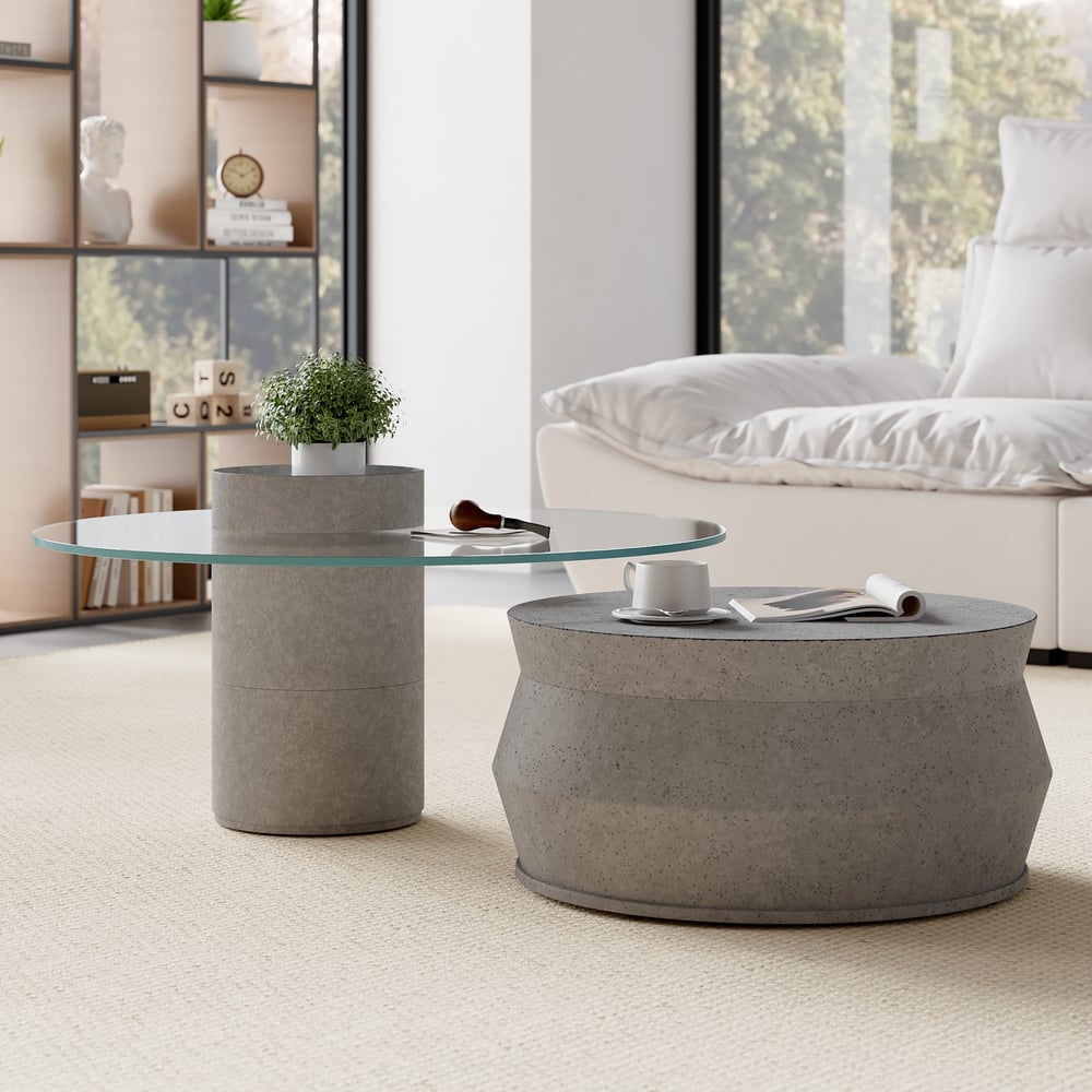 Set of 2 Round Nesting Coffee Table Set Glass Modern Concrete Gray Drum Coffee Table