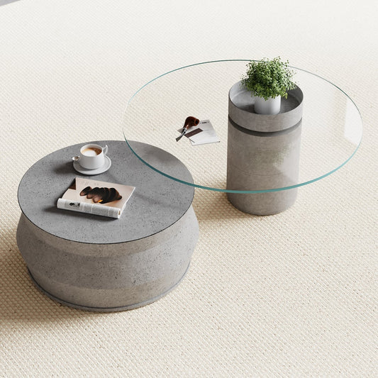 Set of 2 Round Nesting Coffee Table Set Glass Modern Concrete Gray Drum Coffee Table