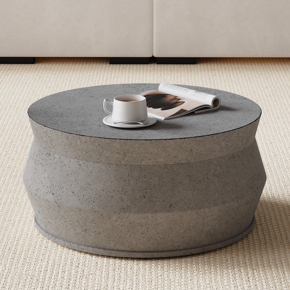 Set of 2 Round Nesting Coffee Table Set Glass Modern Concrete Gray Drum Coffee Table