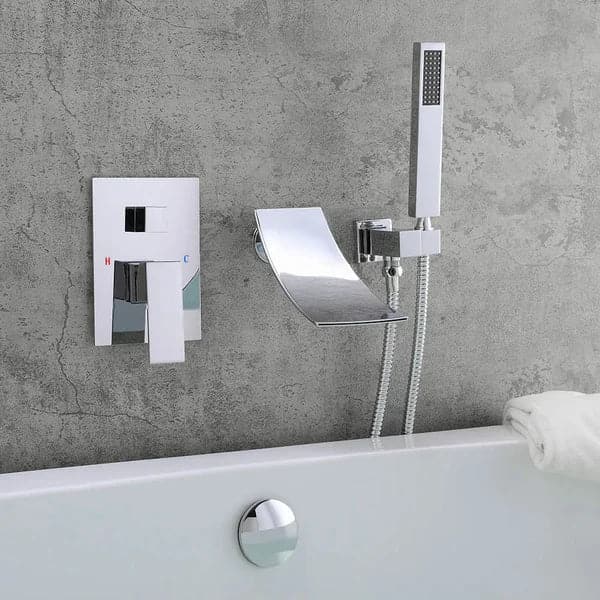 Waterfall Spout Wall-Mount Tub Filler Faucet Single Handle and Handshower Chrome