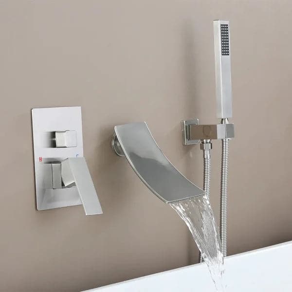 Waterfall Wall-Mount Tub Filler Faucet Single Handle and Handshower Brushed Nickel
