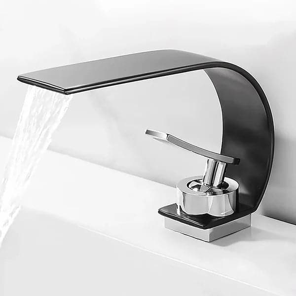 Single Handle Waterfall Arc Bathroom Sink Faucet Black and Chrome Solid Brass