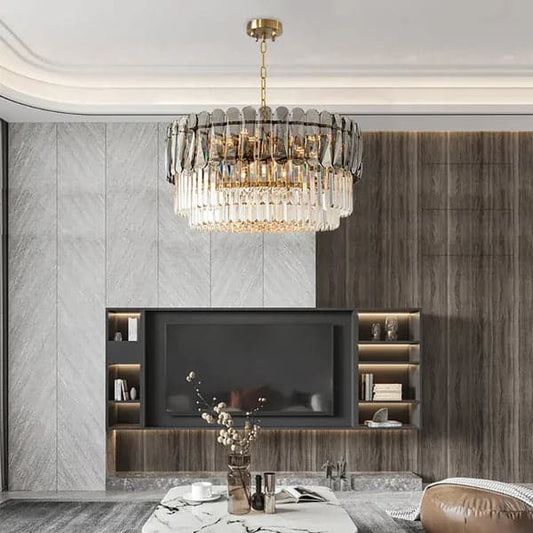 Contemporary 12-Light Crystal Tiered Chandelier in Brass & Gray