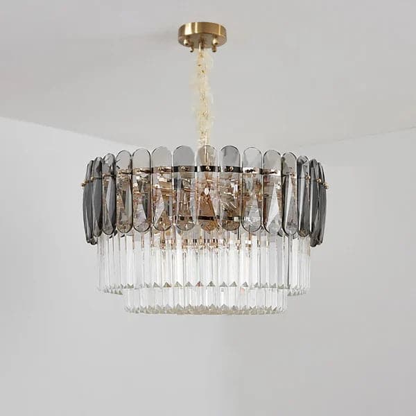 Lustre contemporain à 12 lumières en cristal à plusieurs niveaux en laiton et gris