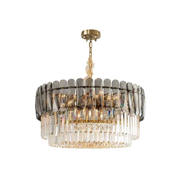 Lustre contemporain à 12 lumières en cristal à plusieurs niveaux en laiton et gris