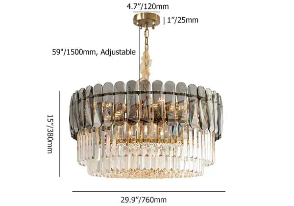 Lustre contemporain à 12 lumières en cristal à plusieurs niveaux en laiton et gris