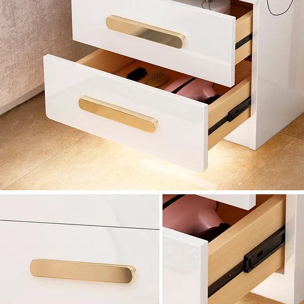 Table de chevet carrée blanche à 2 tiroirs avec port USB et capteur de lumière, table d'appoint de lit, poignées dorées