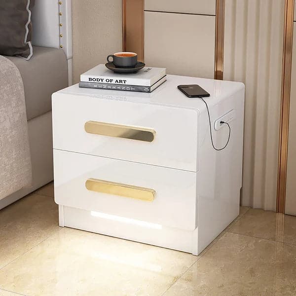Table de chevet carrée blanche à 2 tiroirs avec port USB et capteur de lumière, table d'appoint de lit, poignées dorées