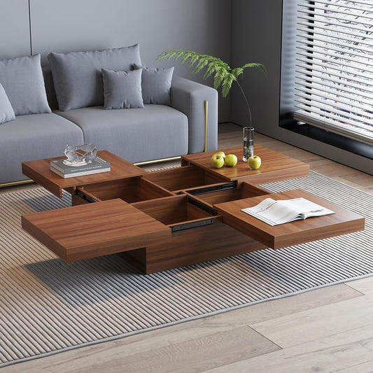 Square Coffee Table Sliding Top with Storage in Walnut