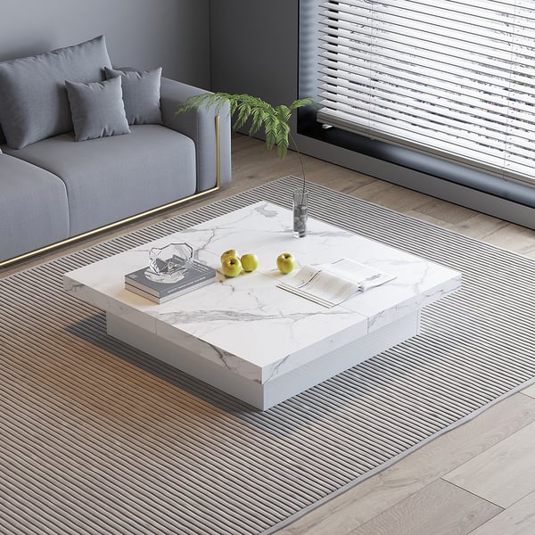 Square Marble Veneer Coffee Table Sliding Top with Storage in White