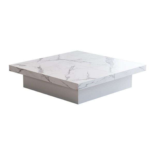 Square Marble Veneer Coffee Table Sliding Top with Storage in White