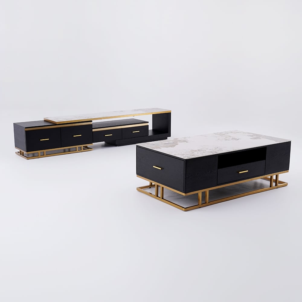 Modern TV Stand & Coffee Table Set for 100" TV in Black with Drawers