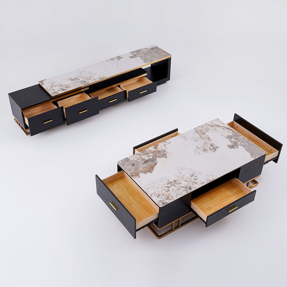 Modern TV Stand & Coffee Table Set for 100" TV in Black with Drawers