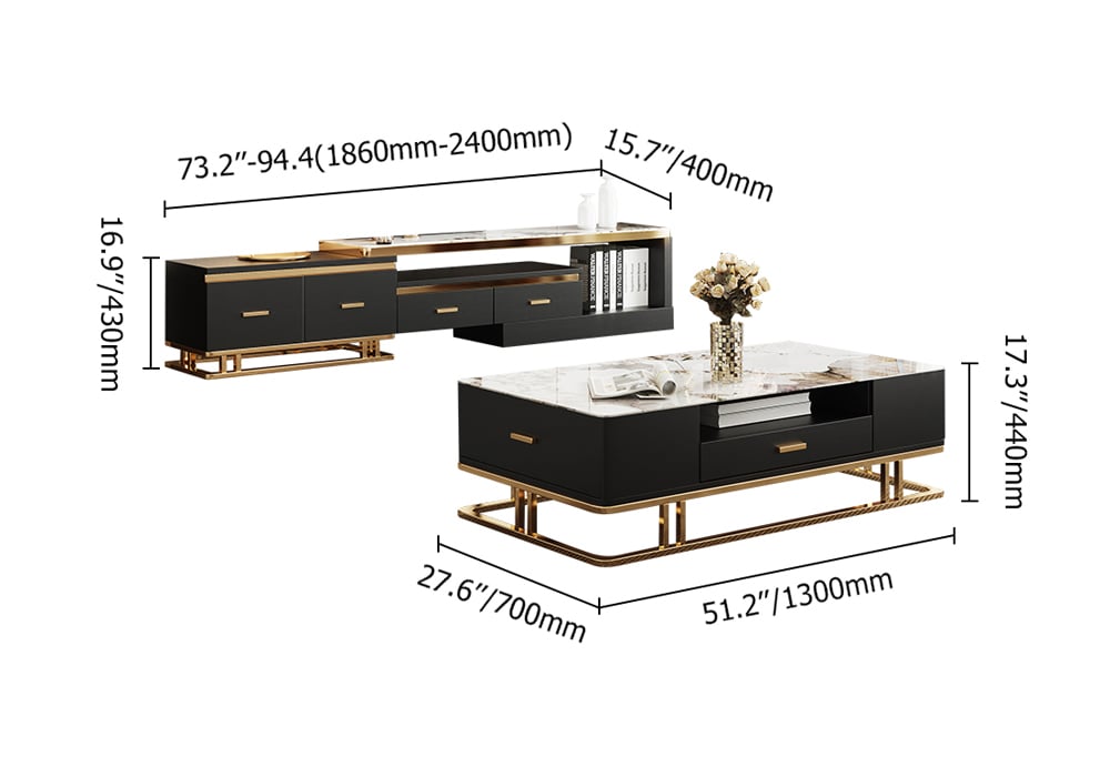 Modern TV Stand & Coffee Table Set for 100" TV in Black with Drawers