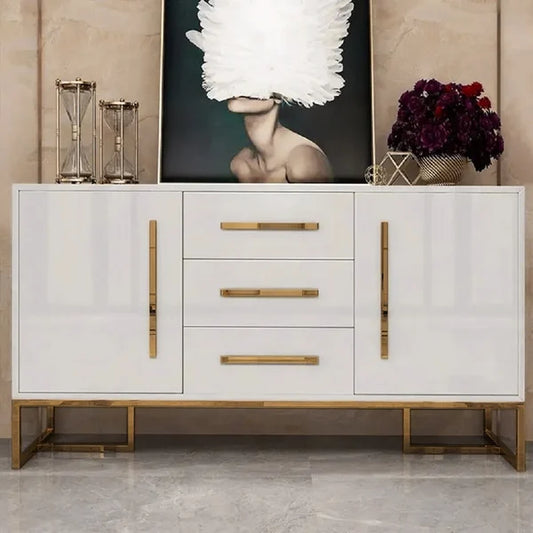 Modern 47 Inches White Buffet 2 Doors & 3 Drawers Kitchen Storage Sideboard Cabinet Gold