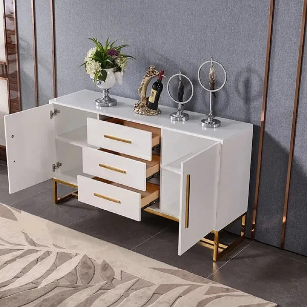 Modern 47 Inches White Buffet 2 Doors & 3 Drawers Kitchen Storage Sideboard Cabinet Gold