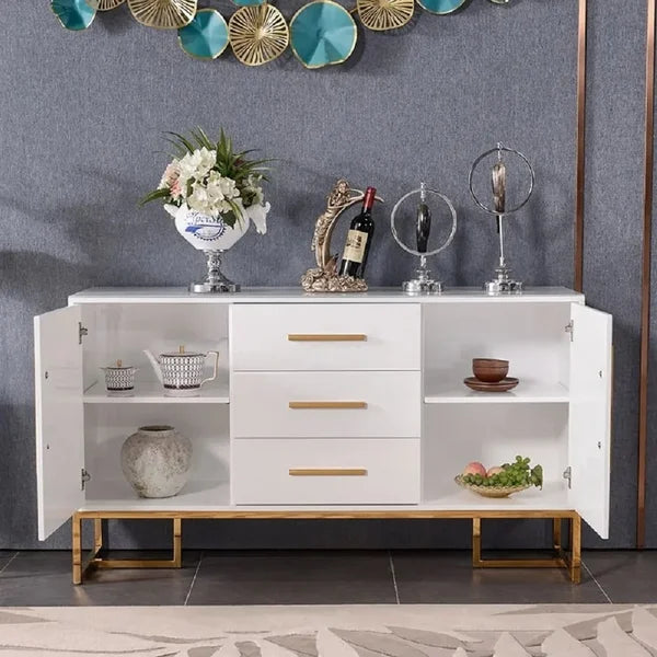 Modern 47 Inches White Buffet 2 Doors & 3 Drawers Kitchen Storage Sideboard Cabinet Gold