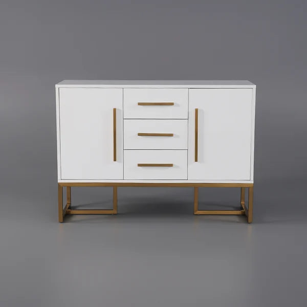 Modern 47 Inches White Buffet 2 Doors & 3 Drawers Kitchen Storage Sideboard Cabinet Gold