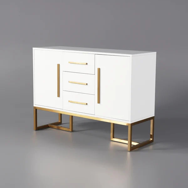 Modern 47 Inches White Buffet 2 Doors & 3 Drawers Kitchen Storage Sideboard Cabinet Gold