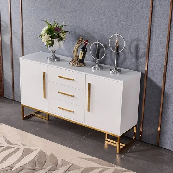 Modern 47 Inches White Buffet 2 Doors & 3 Drawers Kitchen Storage Sideboard Cabinet Gold