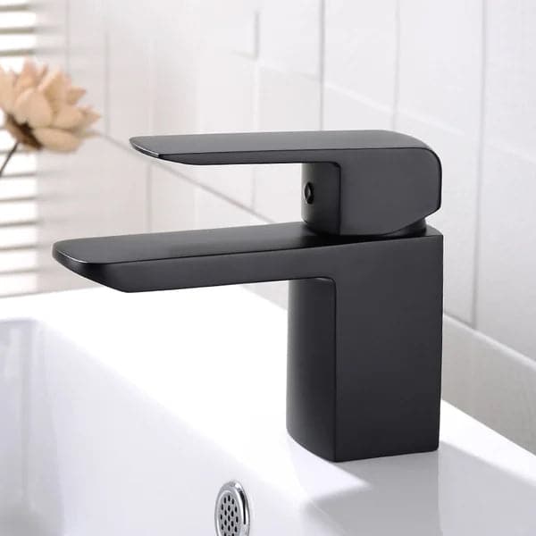 Robinet de lavabo de salle de bain cascade à 1 poignée et monotrou élégant et minimaliste en noir mat