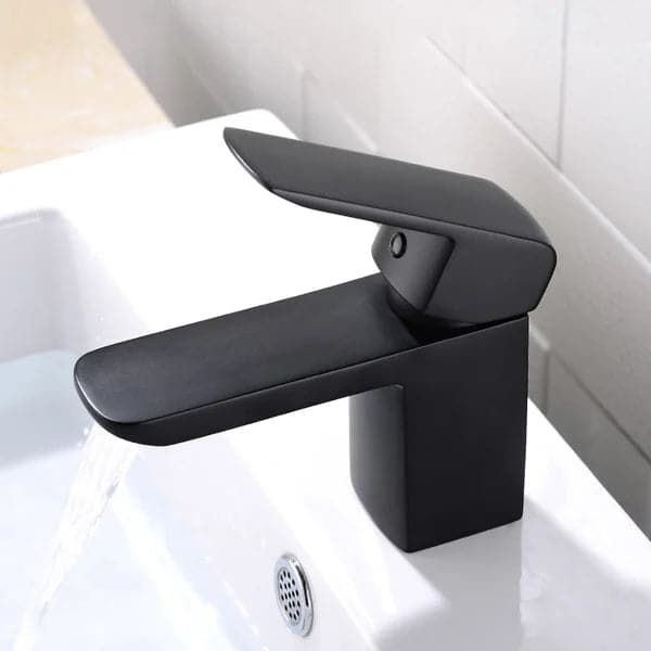 Robinet de lavabo de salle de bain cascade à 1 poignée et monotrou élégant et minimaliste en noir mat