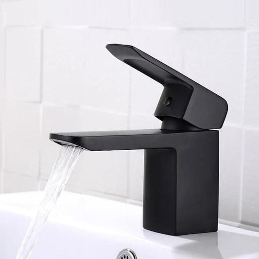 Robinet de lavabo de salle de bain cascade à 1 poignée et monotrou élégant et minimaliste en noir mat