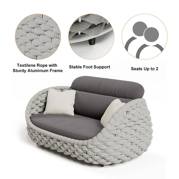 4 Pieces Textilene Rope Woven Outdoor Sectional Sofa Set with Round Coffee Table#Gray-S