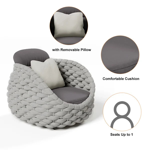 4 Pieces Textilene Rope Woven Outdoor Sectional Sofa Set with Round Coffee Table#Gray-S