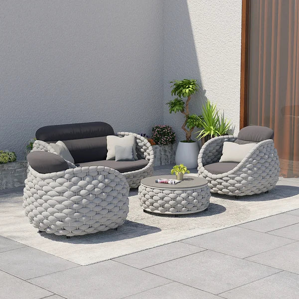 4 Pieces Textilene Rope Woven Outdoor Sectional Sofa Set with Round Coffee Table#Gray-S