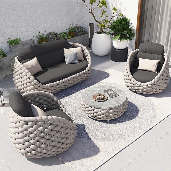 4 Pieces Textilene Rope Woven Outdoor Sectional Sofa Set with Round Coffee Table#Gray-S